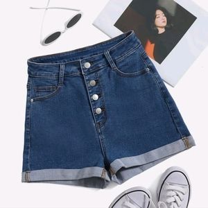 NEW High Waist Dark Wash Buttons Denim Shorts size L Stretch